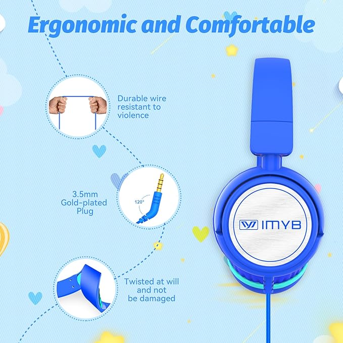V1 Kids Headphones, Wired Stereo Foldable Tangle-Free 3.5mm Adjustable On-Ear Headphones for Kids for School/Toddlers/Childrens/Teens/Boys/Girls/Ipad/Tablet/Kindle/Phones/Travel/Plane (Blue-RV)