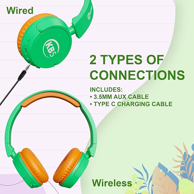 Contixo KB-5 Kids Headphones - Over The Ear Foldable Bluetooth Wireless Headphone for Kids - 85dB with Volume Limited - Toddler Headphones for Boys and Girls (Green+Orange)