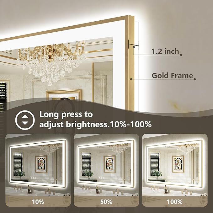 72x32 Inch LED Bathroom Mirror with Lights (Front Lit and Backlit) Gold Framed Lighted Vanity Mirror for Bathroom Wall Dimmable Anti-Fog Memory Tempered Glass Horizontal/Vertical