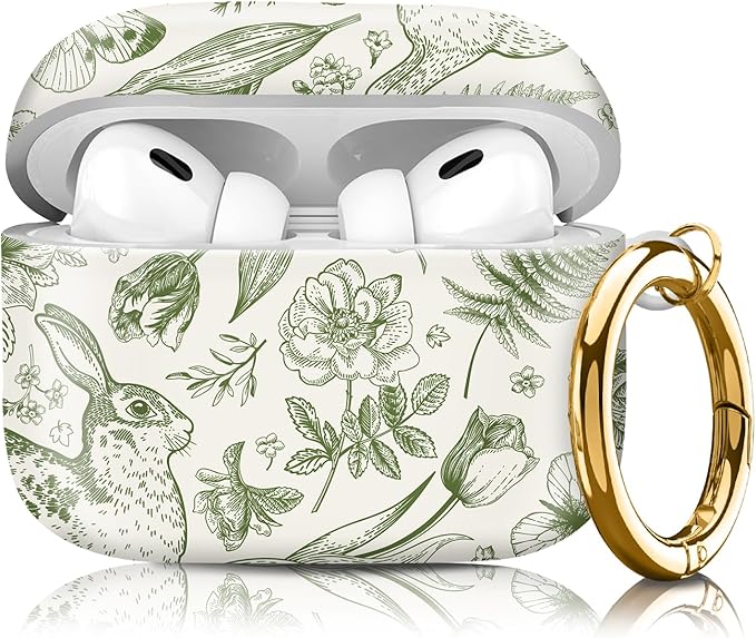 Compatible with Airpod pro 2nd/1st Generation Case Cover with Gold Round Keychain Cute Pattern Hard & Anti Slip Cover for Men Women & Girls（Rabbit Butterfly）