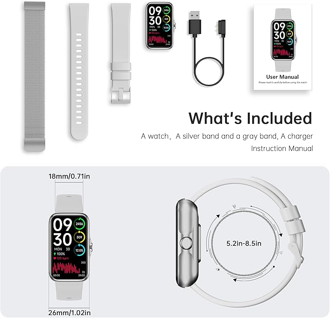 Fitness Tracker with 24/7 Continuous Heart Rate, Blood Oxygen Monitor, Smart Watch with Sleep Monitor, IP68 Waterproof Activity Tracker Step Counter for Women Men (Silver)