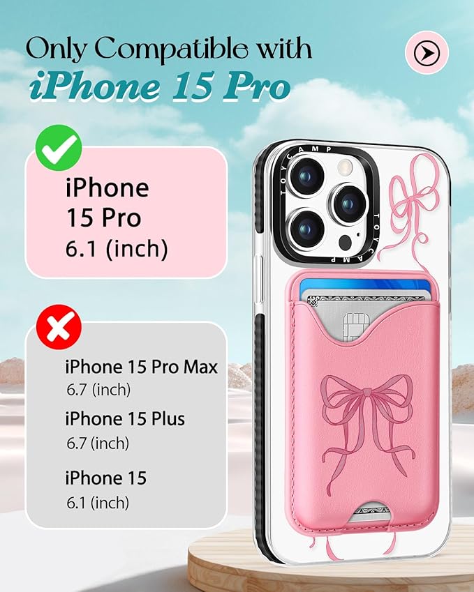 Toycamp for iPhone 15 Pro Case - Compatible with Magsafe Credit Card Holder Wallet Magnetic Cute Women Teen Girls Kawaii Girly Unique Bow Design Phone Cover for Apple 15 Pro 6.1"