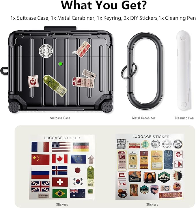 Filoto Compatible with Airpods Pro 3 Case 2025, Cute Fashion Suitcase Design for Airpods Pro 3rd Generation Case Cover, Shockproof Protective Hard Case with Keychain/Cleaner Kit(Black)