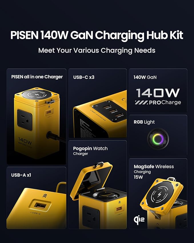 PISEN 8-in-1 Mag-Safe Charger Stand - 140W Charging Station for Multiple Devices Mag-Safe Stand Magnetic Qi2 Wireless Charger for iPhone 17/16/15/14/13/12, Magnetic Charger for Apple Watch (Yellow)