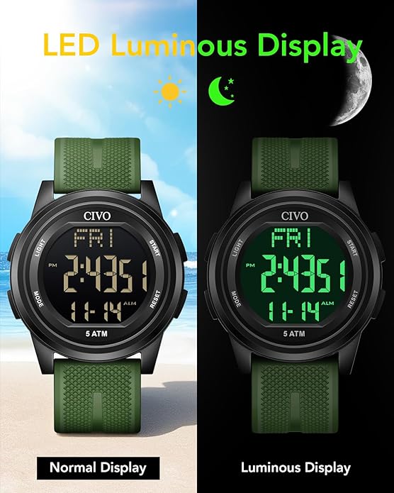 CIVO Digital Watches for Men Women: Sports Waterproof Wristwatch with Stopwatch Alarm Date - LED Backlight Big Numbers Silicone Watch for Outdoor Camping Running Cycling