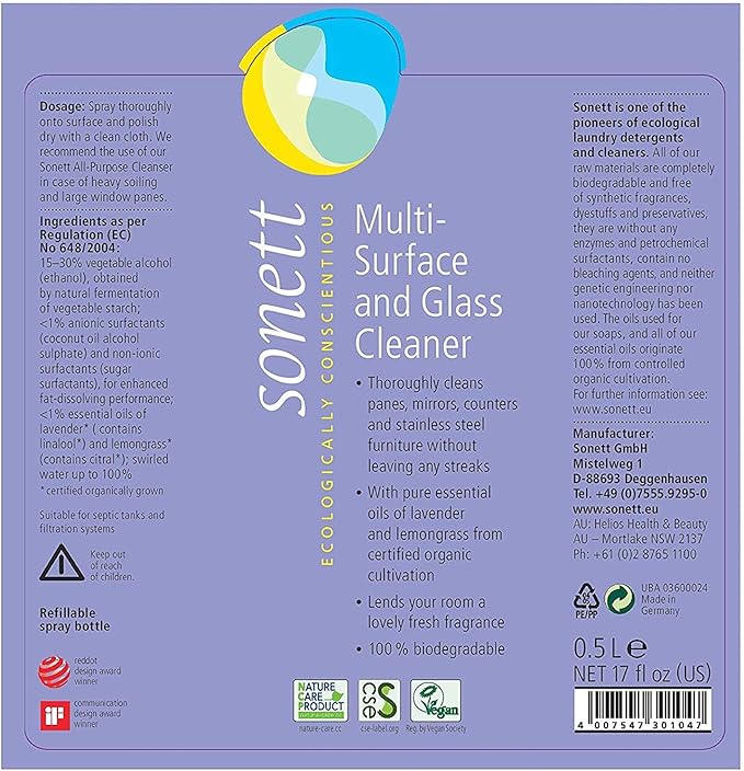 Sonett Organic Multi-Surface and Glass Cleaner Spray Liquid 17 fl oz (6 Count)