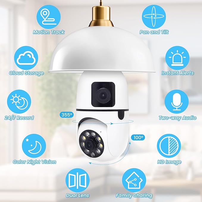 Light Bulb Security Camera, 2K/3MP Outdoor Wireless 2.4G Hz WiFi E27 Camera for Home Security, 24/7 Recording, Motion Detection and Alarm (Dual Lens) (1)
