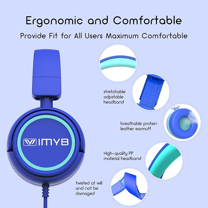 Kids Headphones, V1 Wired Stereo Foldable Tangle-Free 3.5mm Adjustable On-Ear Headphones for Kids for School/Toddlers/Childrens/Teens/Boys/Girls/Ipad/Tablet/Kindle/Phones/Travel/Plane (Blue)