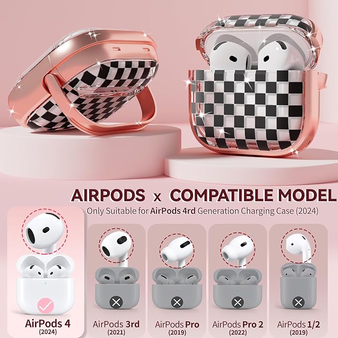 Inesore with Safety Lock for AirPods 4 Case,Clear Floral Cute AirPod 4th Generation Case for Women Girly with Cleaner Kit and Keychain- Gold Checkerboard