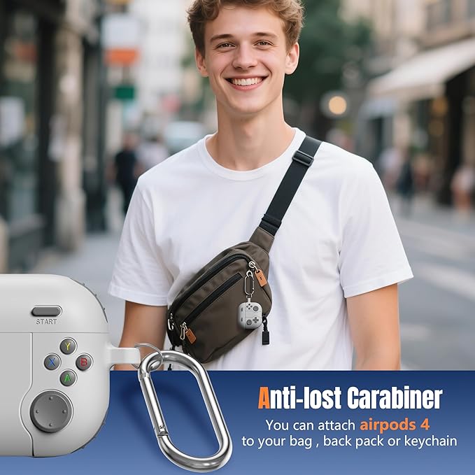 Getino Game Case for AirPods 4 2024 Cover with Cleaner Kit, Keychain, Compatible with Apple Airpods 4 Case Covers, Cute Funny Shock-Proof Protective Silicone AirPod 4 Case for Men Boy-Light Gray