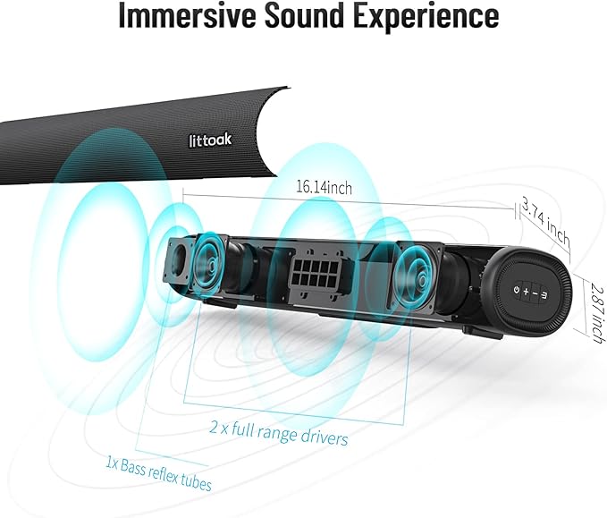 Sound Bar for TV, BT 5.0 Soundbar, 50 Watt 16 Inch Soundbars for Home Audio, Gaming, Projectors, TV Speakers Supports HDMI ARC/Optical/RCA/USB/AUX in and Sub Out Connection, Wall Mountable