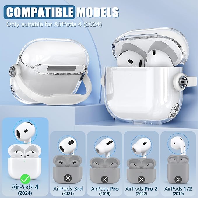 Safety Lock for Airpods 4 Case,TPU Clear Cases for Apple Airpods 4 USB-C with Cleaner Kit, Drop Protection Airpods 4 Case Cover for Men for Women with Lock and Keychain,Clear+White