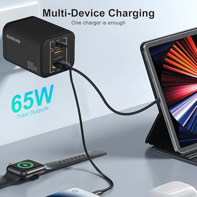 65W USB C Charger,3-Ports PD3.0 GaN Charger for Travel, Fast Charger USB C for MacBook Pro/Air, iPad, Galaxy S24 Ultra, Dell XPS, iPhone 15 Pro and More(Black)