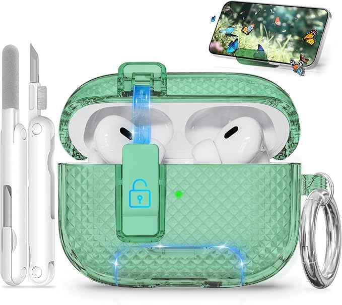 for AirPods Pro 2 Case with Phone Stand & Secure Lock, Auto-Open Clear Cover Compatible with Apple AirPods Pro 2nd/1st Gen (2023,2022,2019) with Cleaning Kit & Keychain (W-Green)