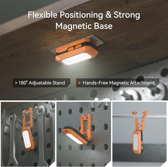 Rechargeable LED Work Light Cordless, 3000K-6500K CCT 500 Lumen, 40Hour Max, Adjustable 180° Stand IP54 Waterproof Compact Portable Job Site Lighting for Auto Repair DIY Outdoor Camping, Gift for Man
