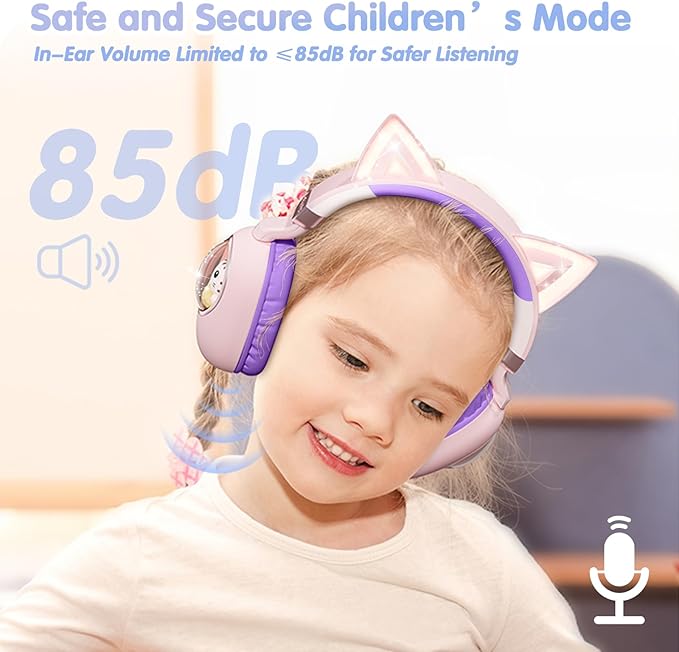 esonstyle Kids Headphones Cat Ear - Bluetooth 5.4 Over-Ear Noise Cancelling Headphones with Microphone LED Lights Up 85dB Safe Volume Limit Wireless or 3.5mm Wired USB C (Pink Purple)