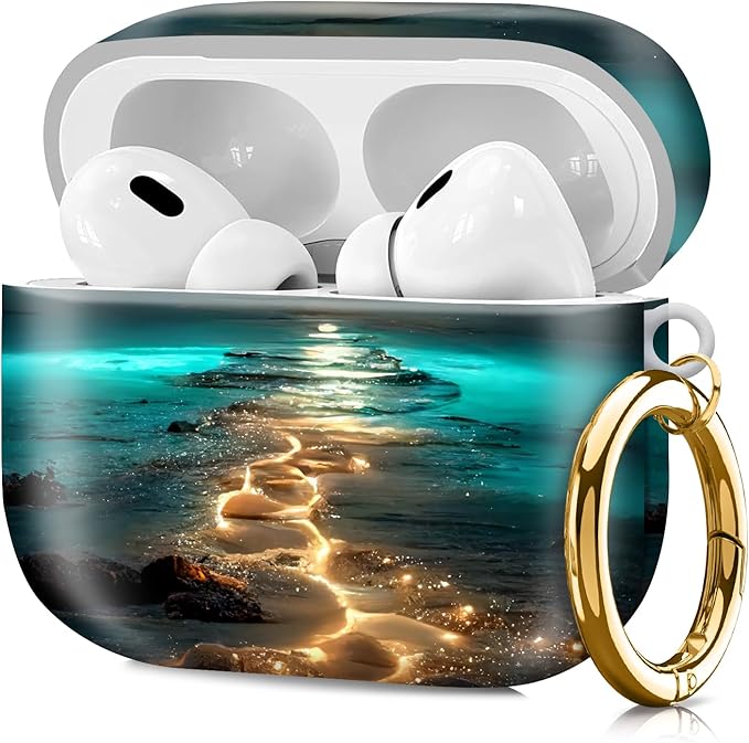 Compatible with Airpod pro 2nd/1st Generation Case Cover with Gold Round Keychain Cute Pattern Hard & Anti Slip Cover for Men Women & Girls（Glowing Road）