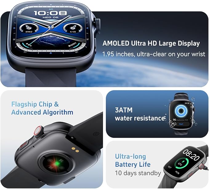 Smart Watch Fitness Tracker, Ultra HD 1.95" AMOLED Display (410×502 High Resolution) | 3ATM Waterproof | Heart Rate/Sleep Tracker | 130+ Sports/Fitness Modes, Bluetooth Calling, Smart Notifications