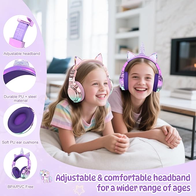 QearFun Kids Unicorn Bluetooth Headphones, 60H Playtime, 74/85/94dB Safe Volume Limit, Metallic Gradient Wireless Headset with Mic, Fast Charging, Foldable, Wired Mode for Girls School/Tablet/Travel