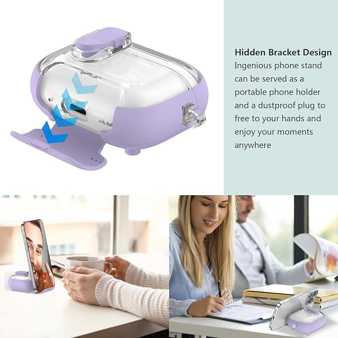 for Airpods Pro 3 Case Clear,Secure Lock for Airpods pro 3rd Generation Case Cover with Phone Stand and Magsafe Function,Auto Pop-up,Hybrid Protection with Carabiner&Cleaning Pen-Purple