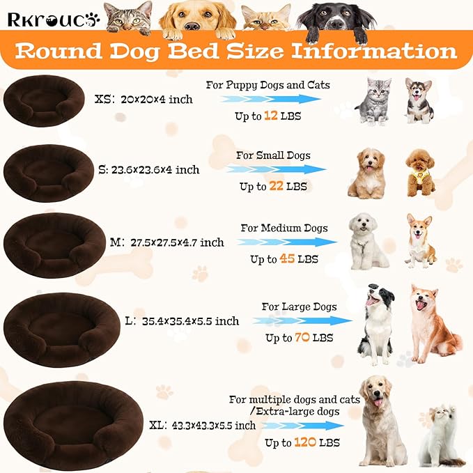 Fluffy Dog Bed Calming Donut Beds for Large Dogs Warming Round Small Medium Pet Nest Cozy Cat Mattress Indoor Washable Puppy Kennel Kittens Sleep Mat (XS, 20×20 inch, Brown)