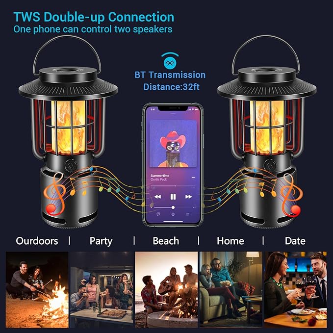 Outdoor Bluetooth Speaker, IP65 Waterproof Wireless Speaker with 3 Lights Modes, Outdoor Camping Portable Speaker Gift for Men Emergency, Hiking, Party (1 Pack)