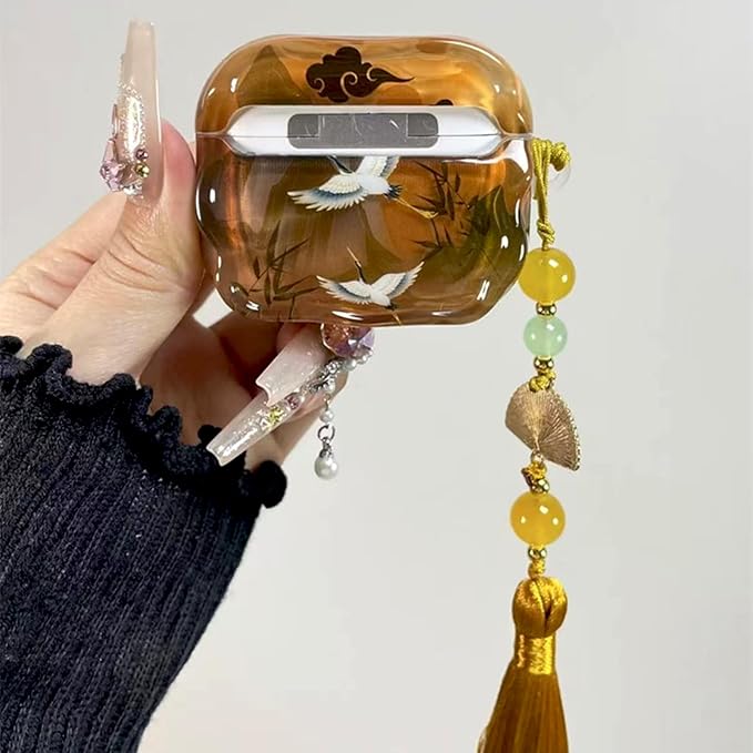 Compatible with AirPods 3 Case Soft with Cleaner Kit Keychain Cute Lucky Elegant Crane Girls Women Cover for Airpods 3rd Generation -Brown