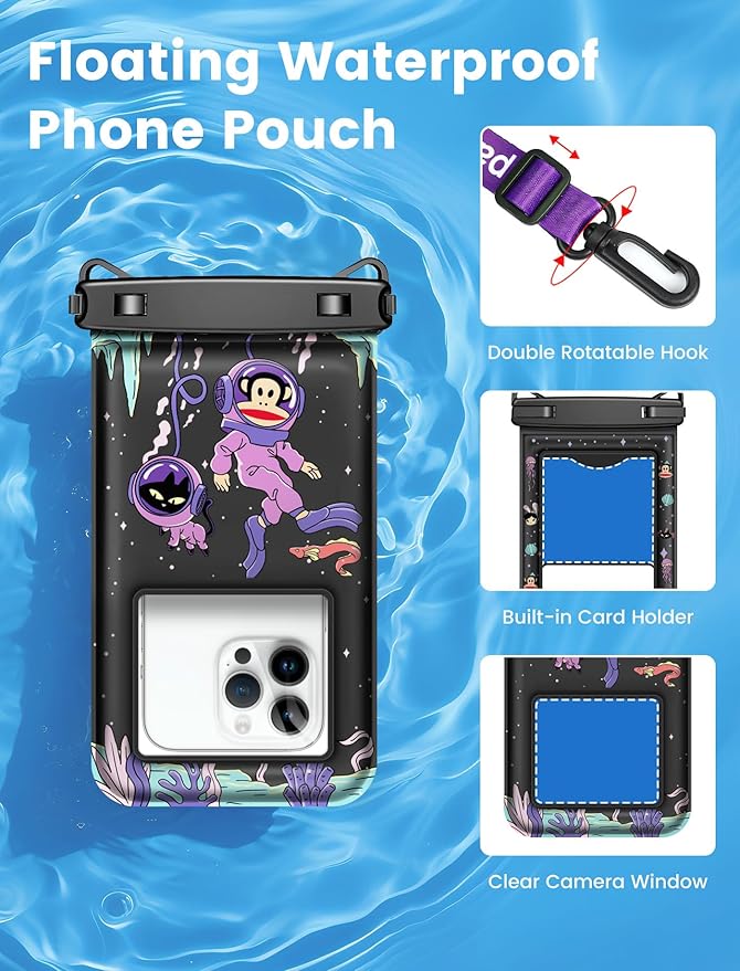 Paul Frank Waterproof Phone Pouch Floating, 2 Pack IPX8 Waterproof Phone Case with Lanyard for iPhone 17 16 15 14 Pro Max Galaxy S25 S24, Cellphone Dry Bag Beach Cruise Ship Essentials(up to 8.5")