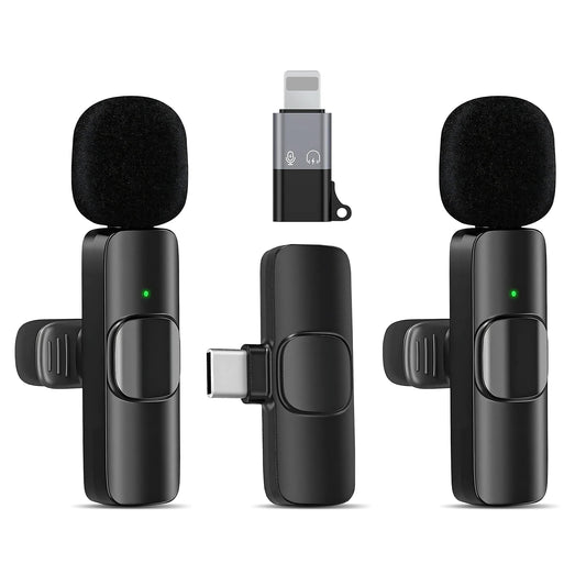 Wireless Lavalier Microphone 2-Pack – Compatible with iPhone, iPad, iOS, Android – Mini Mics with USB-C, Noise Reduction Lapel Mic for Video Recording, Vlogging, YouTube, TikTok (Black)