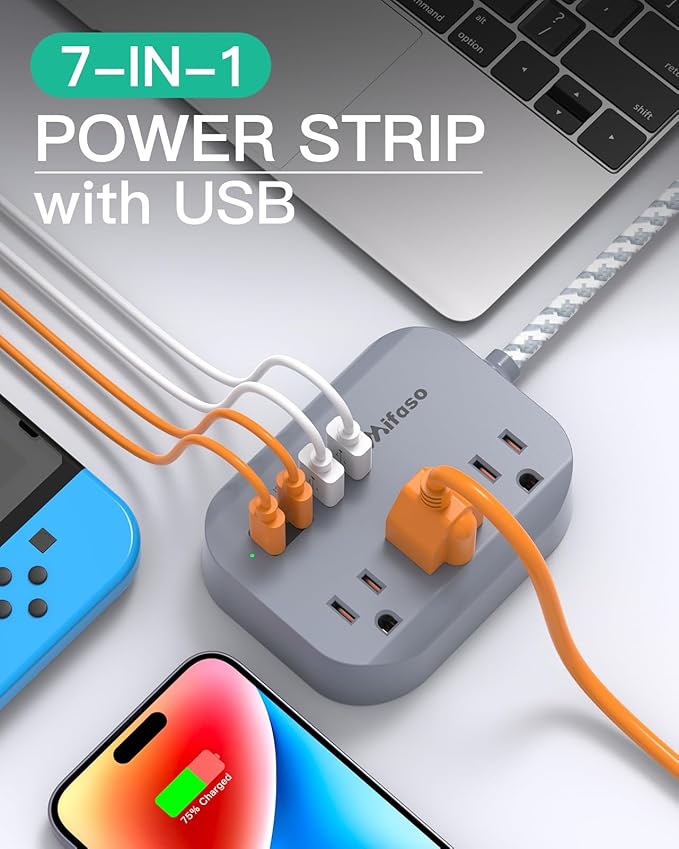 Cruise Ship Essentials - 1Ft Flat Extension Cord with Multiple Outlets, Power Strip USB Charging Station with Non Surge Protector for Cruise Ship, Travel, Dorm Room Essentials, Grey