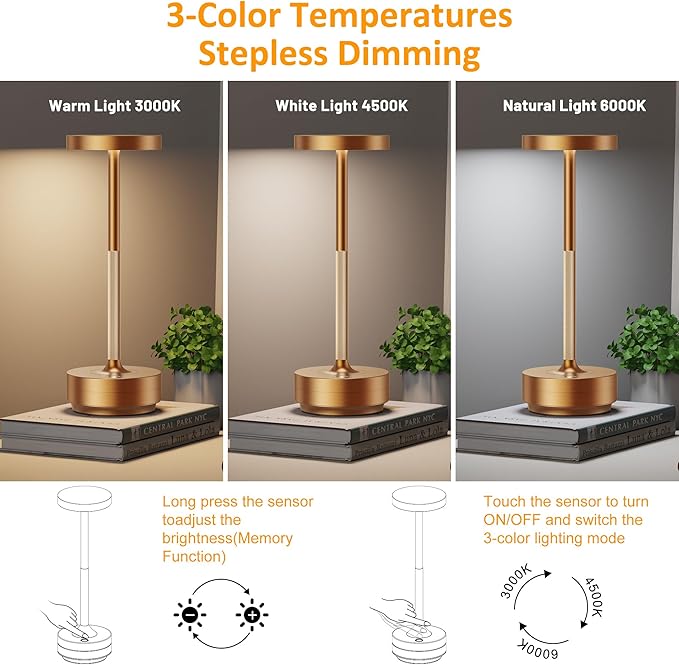SAKRINGT Rechargeable Cordless Table Lamp - Battery Operated LED Portable Table Light with 3 Color Stepless Dimming, Memory Function - IP54 Waterproof for Outdoor, Restaurant, Patio, Camping