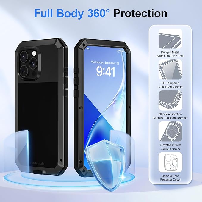 Mitywah Metal Case for iPhone 16 Pro Max, Heavy Duty Rugged Phone Case Built-in 9H Temperd Screen Protector,Military Grade Full Body Protective Dual Layer Bumper Protective Case for 16 Pro Max Black