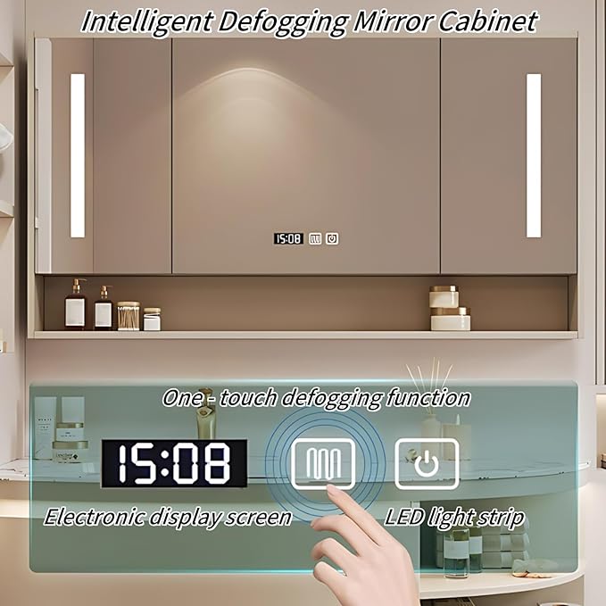52IN Floating Bathroom Vanity, Wall Mounted Wood Sink Cabinet with Smart Sensor LED Light Strip & Open Style Side Cabinet | LED Lights & Defogging Function, Single Sink Vanities Set (Beige)