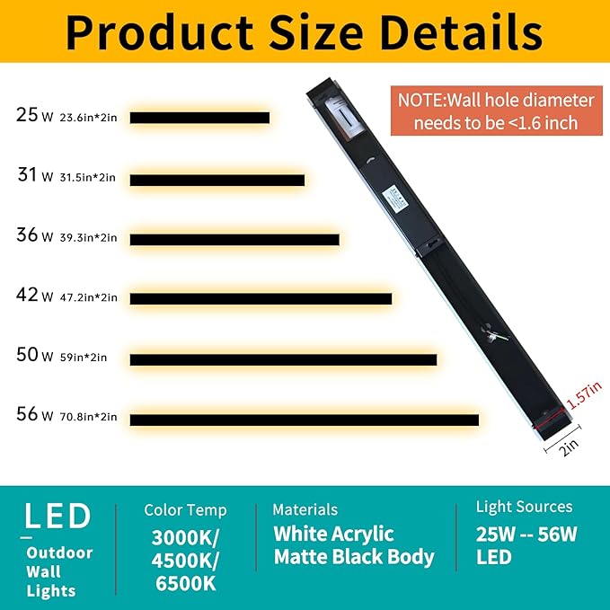 Mikeru 31.4inch Outdoor Wall Light Fixtures, 3000k/4500k/6000k Three Colors Switchable Exterior Wall Sconces Acrylic Invisible Exterior Wall Light for Porch Modern Outdoor Wall Mount Lighting