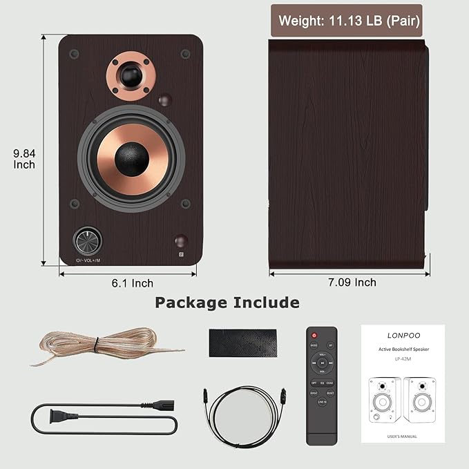 LONPOO 100W HiFi Active Bookshelf Speakers with Bluetooth, 4'' Aluminum Woofer, 12MM Wooden Cabinet, DSP-Tech, Optical/RCA/USB/AUX for TV PC Turntable (LP-42M)