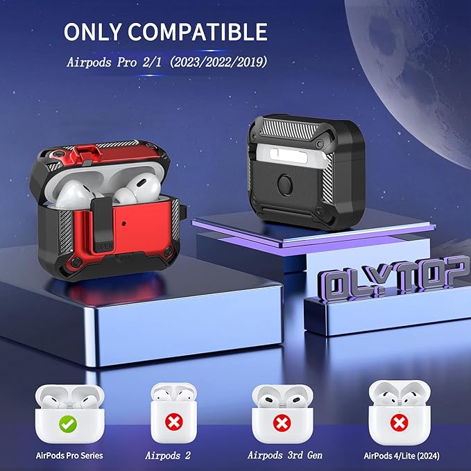 for Airpods Pro 2/1 Gen Case Cover with Lock&Phone Stand (2019/2022/2023), Rugged Case for Airpod Pro 2nd/1st Generation Shockproof Armor Protective Skin for Apple iPod Pro, Black/Red