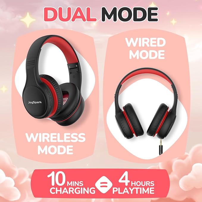 Kids Bluetooth Headphones, 60 Hours Playtime, Bluetooth 5.4 Kids Headphones Wireless, Type-C Fast Charging, 85/94dB Volume Limited, Foldable Toddler Wireless Headsets with Mic-Black Red