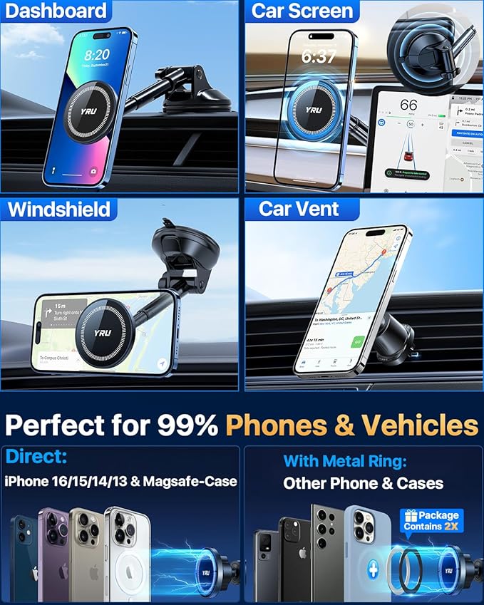 YRU Upgraded Magnetic Phone Holder for Car【Patented & Super Magnet】 for MagSafe Car Mount Dashboard Magnet Phone Holder Windshield Phone Stand for iPhone 17 16 15 14 13 12 Pro Max Samsung, Black