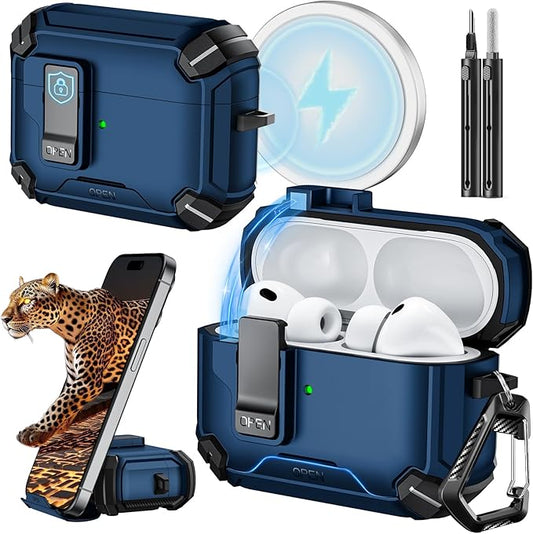 Inesore for AirPods Pro 3 Case (2025) with Phone Stand & Cleaning Kit,Compatible with Magsafe,Magnetic Automatic Lock Cover for AirPods Pro 3rd Generation, Blue