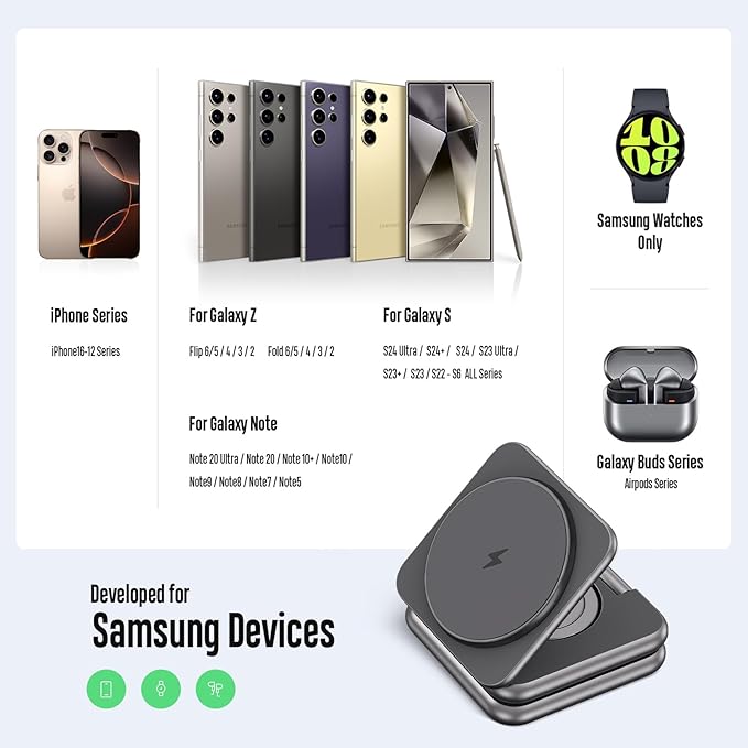KU XIU Wireless Charger for Samsung,Aluminum Alloy Foldable 3 in 1 Wireless Charging Station for Galaxy S26 S25 Ultra S24 S23 Note Z Fold 7 Flip/Buds,Fast Charger for Galaxy Watch Ultra 8 7 6 5