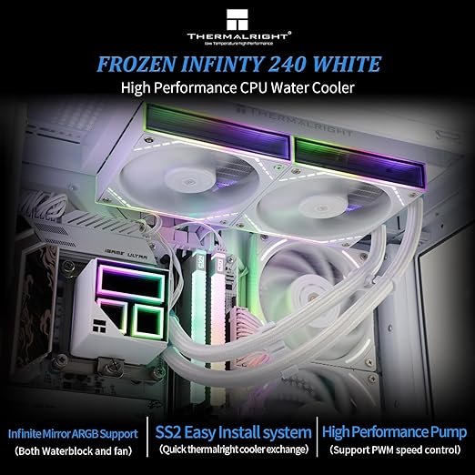 Thermalright Frozen Infinity 240 White CPU Aio Cooler,TL-M12W*2 PWM Fans,Computer CPU Water Cooler,ARGB Infinity Mirror,240 CPU Liquid Cooling:LGA1851/1700/1150/1151/1200/2011,PC Water Cooling