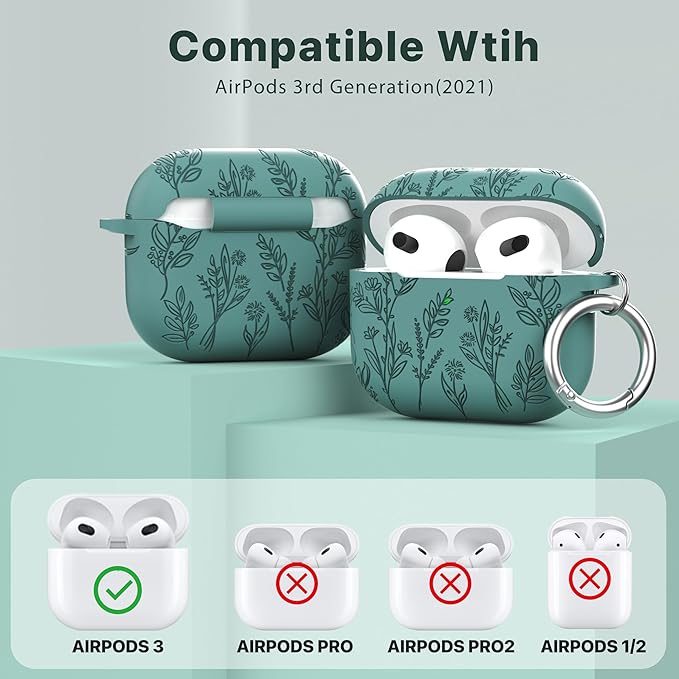Maxjoy for AirPods 3 Case, Engraved AirPods 3rd Generation Case Cute Soft Silicone Protective AirPod 3 Cover for Women Men with Keychain for Airpod 3rd Gen Cover 2021, Pine Green