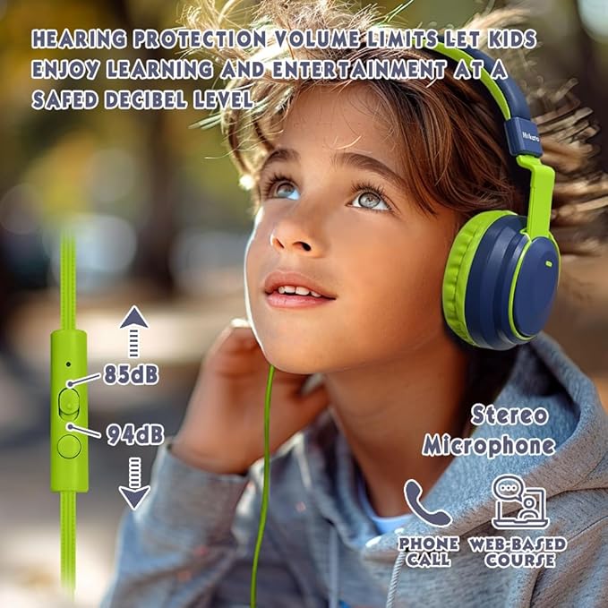 Headphone Kids Volume Limited 85/94dB Wired Over-Ear/On-Earr Foldable Headset with Inline Cable Aux 3.5mm Cord Mic for Toddler Child Back to School Pad Tablet Mexico Deepblue