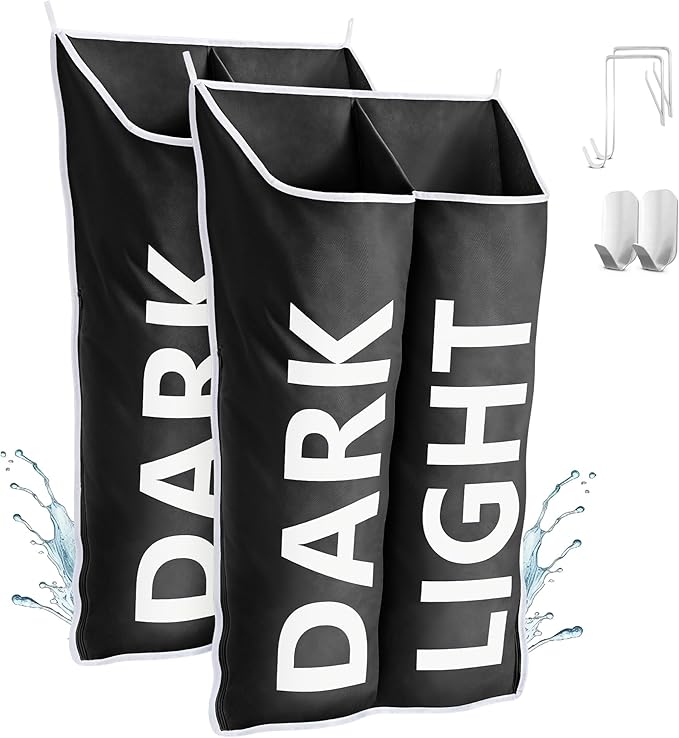 Hanging Laundry Hamper Bag XL, Space Saving over the Door Storage Bags, Behind the Door Hampers for Dirty Clothes & Wall Mounted Basket for Bathroom (Black -2Pack, Double Compartment)