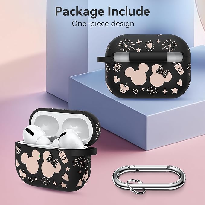 Compatible with Airpods Pro 2nd/1st Generation Case Cover with Keychain, Women Men Soft Silicone Two-Tone Cute Cartoon Engraved Convenience Protective Case, Front LED Visible Black/Pink