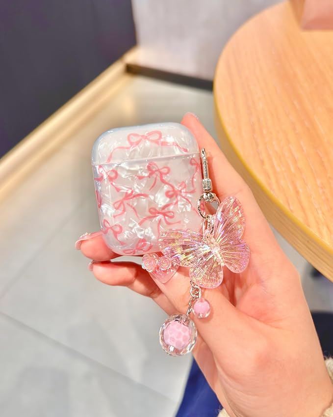 Compatible with AirPods Case Cute, Shell Pattern Shockproof Protective Cover for Girls Women with Butterfly Keychain Designed for AirPods 1st & 2nd Generation, Pink Bow