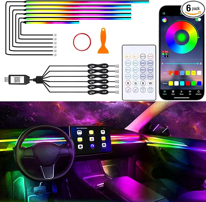 Acrylic Interior Car Lights, 6 in 1 Dreamcolor Ambient Lighting Kit with Wireless APP/Remote/Button Control, USB Car Inside Lighting Accessories with Music Mode for Vehicle Decoration
