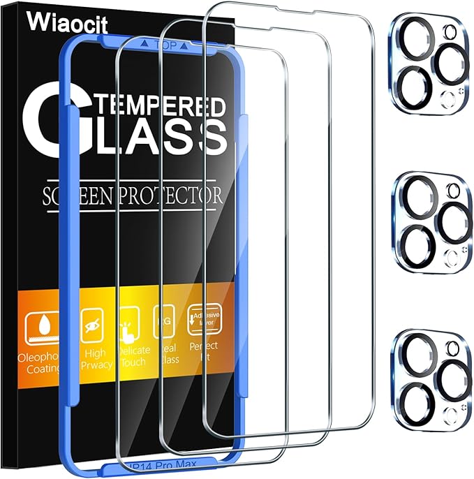 Wiaocit 3 Pack Tempered Glass Screen Protector for iPhone 14 Pro Max with 3 Pack Camera Lens Protector, 9H Hardness, Bubble Free, Case Friendly