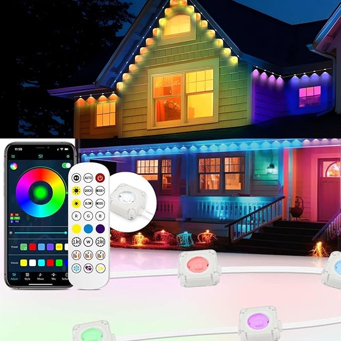 Permanent Outdoor String Lights 150ft, Smart RGB App Control with 90 LEDs, LED Eaves Lights IP67 Waterproof, House Roof Outdoor Lighting for Party, Daily, Halloween, Christmas,Garden