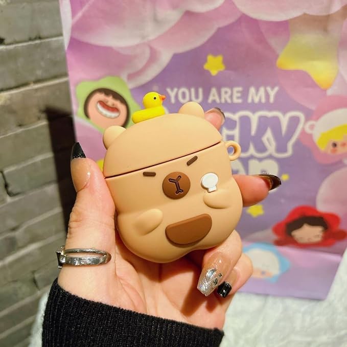 Wireless Charging Earphone Case Compatible with Airpods 4, Cute Animal Kapibala Design Soft Silicone Full Body Protective Skin Cover, Kids Girls Women Cartoon Earbuds Accessories